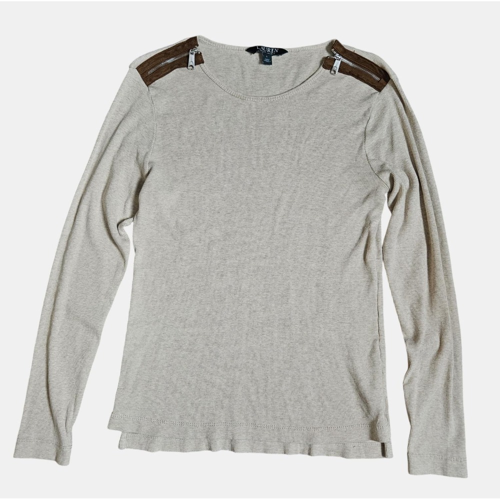 Ralph‎ Lauren LRL Shoulder Zip Long Sleeve Top L Cotton Old Money Quiet Luxury